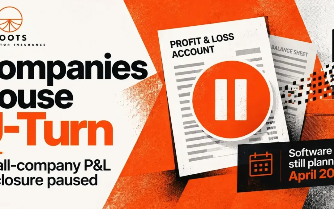 Roots Contractor Insurance graphic explaining the Companies House pause to small-company profit and loss disclosure and the April 2028 software-filing requirement